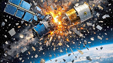 Weltraumschrott Explodierendee Raumstation nach Kollision mit Waltraumsschrott.