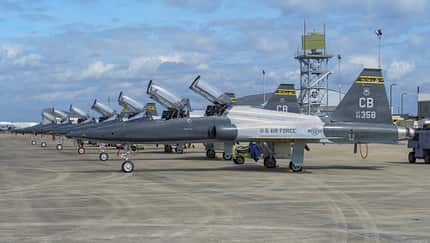 Northrop T-38 Talon, Trainingsflugzeug, US Air Force, Sentry South 26-2, Gulfport, Militärflugzeug, Jettrainer, Flugfeld, 2026, Luftfahrt Sechs Northrop T-38 Talon Trainingsflugzeuge der U.S. Air Force stehen mit geöffneten Cockpits auf dem Flugfeld während der Übung Sentry South 26-2 in Gulfport, Mississippi.