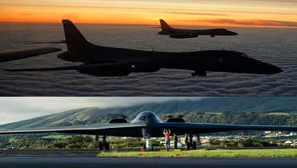 B-1B im Flug, B-2 am Boden (Montage)