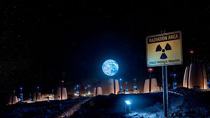 Atomkraft im All, Energieversorgung, Reaktor, Kernreaktor, Energie auf dem Mond, Mars-Rover, SNAP10A, Voyager 1, Apollo 11, NASA, Raumfahrt Rendering einer Mondstation mit aufblasbaren Habitaten
