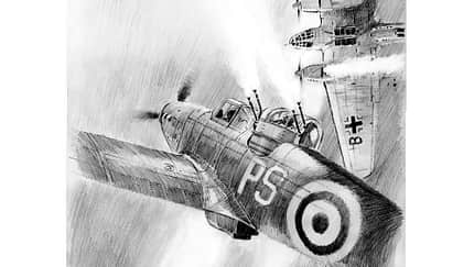 Zeichnung, Boulton Paul Defiant, Heinkel He 111, Royal Air Force, RAF Zeichnung der Boulton Paul Defiant im Angriff gegen eine deutsche Heinkel He 111