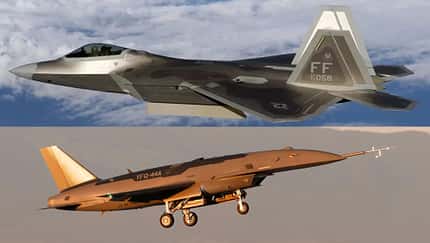 F-22, Raptor, CCA, YFQ-44A, USAF F-22 Raptor und Kampfdrohne YFQ-44A.