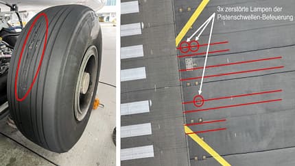 Aufgeschlitzter Reifen eines Airbus A380 von Lufthansa, nachdem dieser beim Landen in München die Pistenbefeuerung an der Bahnschwelle abgeräumt hat.