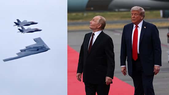 US-Stealth-Formation, Putin blickt in den Himmel neben Trump (Montage)