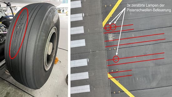 Aufgeschlitzter Reifen eines Airbus A380 von Lufthansa, nachdem dieser beim Landen in München die Pistenbefeuerung an der Bahnschwelle abgeräumt hat.