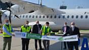Feierten den Erstflug der Green Airlines (v.l.n.r.): Flughafen-Vertriebschef Klaus Marx, Airport-Geschäftsführer Dr. Marc Cezanne, Airport-Prokurist Roland Hüser, Green-Airlines-Gründer und Geschäftsführer Stefan Auwetter, Peter Framke (Green Airlines) und Flughafen-Aufsichtsratschef Manfred Müller