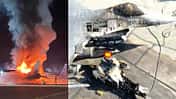 Brennende F-16 nach Zusammenstoß mit Waffenlader Montage