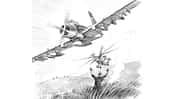 Schwarz-weiße Bleistiftzeichnung einer tief fliegenden A-1 Skyraider, begleitet von einem Rettungshubschrauber