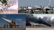 Russische Bomber Tu-22M und Tu-95 mit brennenden Wracks (Montage)
