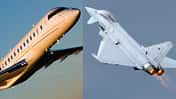 Global Express Business-Jet und Eurofighter Typhoon Kampfjet in der Luft (Montage)