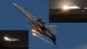 F/-18D im Flug wirft Fackeln, Explosion bei Nachtstart (Montage)