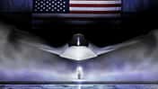 Neuer US-Kampfjet F-47 im Hangar mit US-Flagge (Animation).